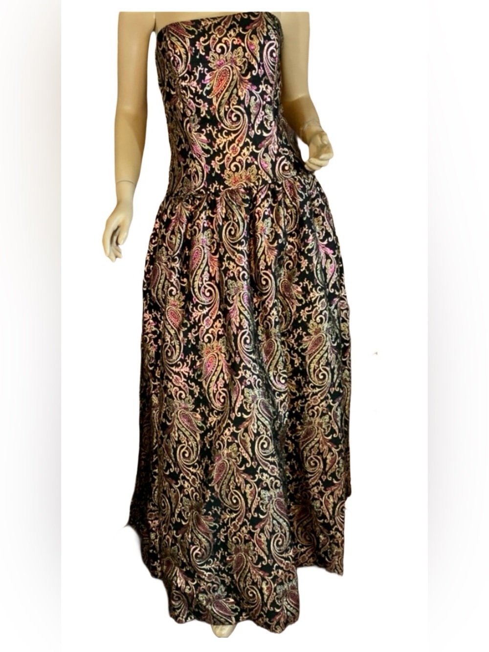 VINTAGE 1980'S VICTOR COSTA PINK, BLACK & GOLD METALLIC PRINT DRESS W/SHAWL (8) - Picture 6 of 15
